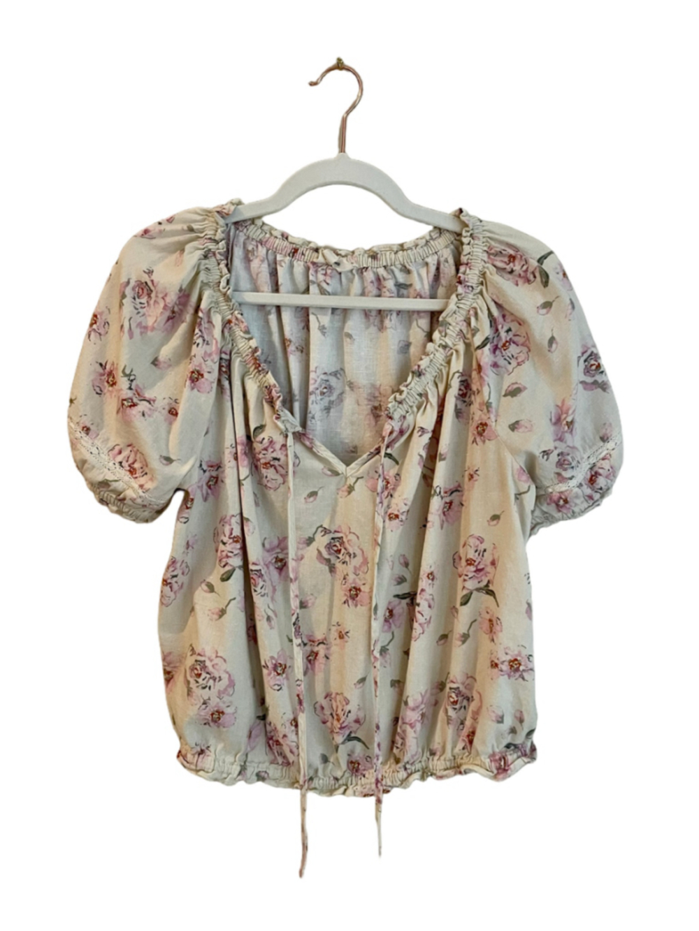 Lucky Brand Women’s Large Floral Puff Sleeve Peasant Blouse Cottagecore Boho